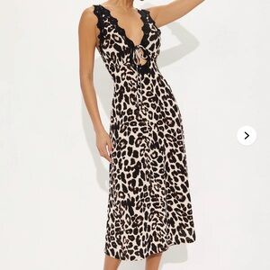 Fashion Nova Leopard Tie-Front Midi Dress in Beige and Black